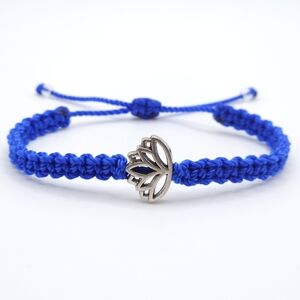 Lotus flower bracelet, blue string braided bracelet, lotus charm jewelry